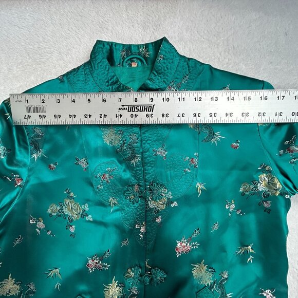 Vintage Chinese Silk Robe Teal Floral Embroidered Mandarin Collar Frog Button 38 - Picture 5 of 10